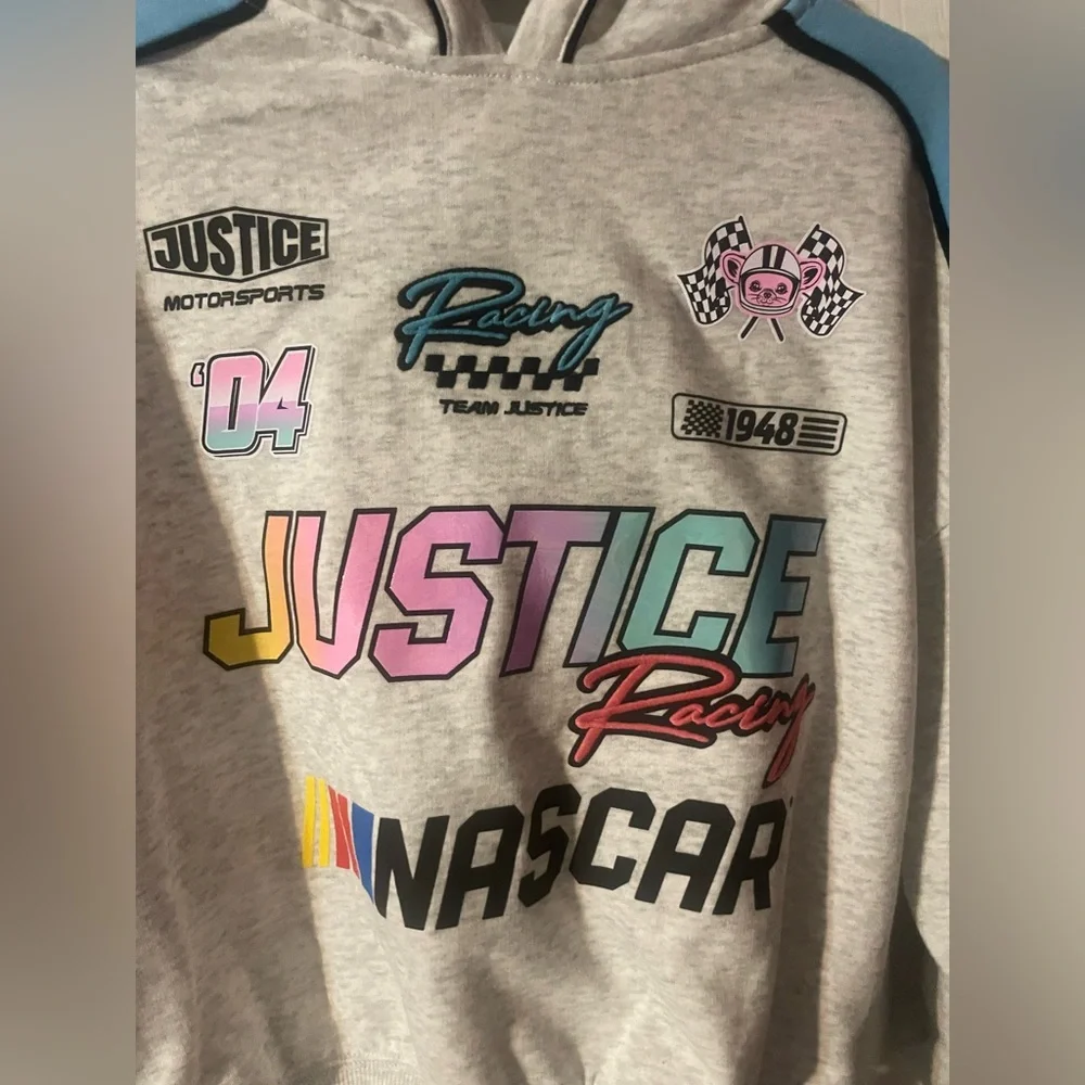 Justice x NASCAR Girls Fleece Hoodie NWT XS 5/6 Pearl Heather Colorblock